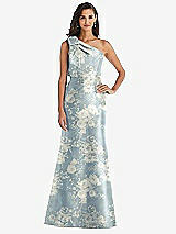 Alt View 1 Thumbnail - Porcelain Blue Seraphina Floral Bow One-Shoulder Floral Satin Trumpet Gown