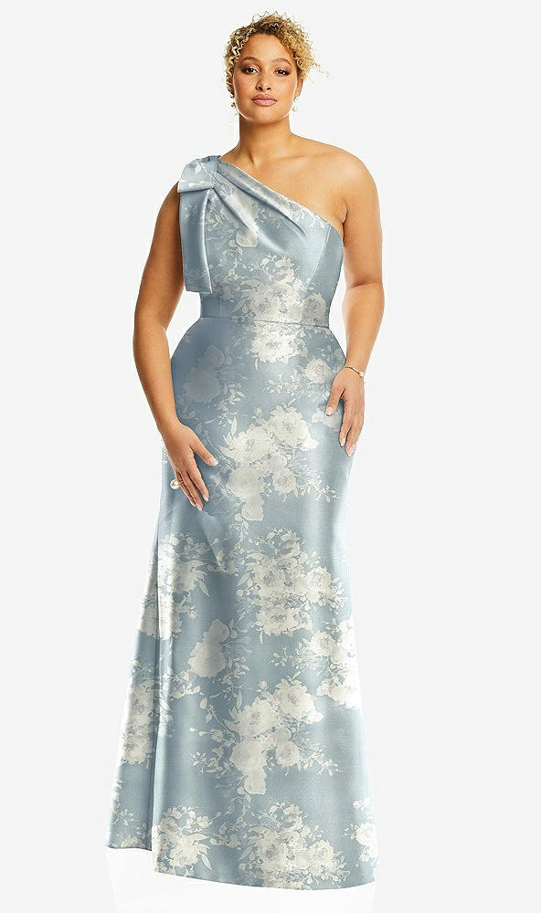 Front View - Porcelain Blue Seraphina Floral Bow One-Shoulder Floral Satin Trumpet Gown