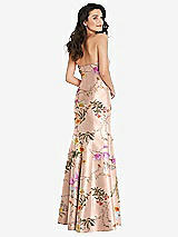 Rear View Thumbnail - Butterfly Botanica Pink Sand Bow Cuff Strapless Floral Princess Waist Trumpet Gown
