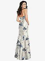 Rear View Thumbnail - Inkwash Blue Floral Bow Cuff Strapless Floral Princess Waist Trumpet Gown