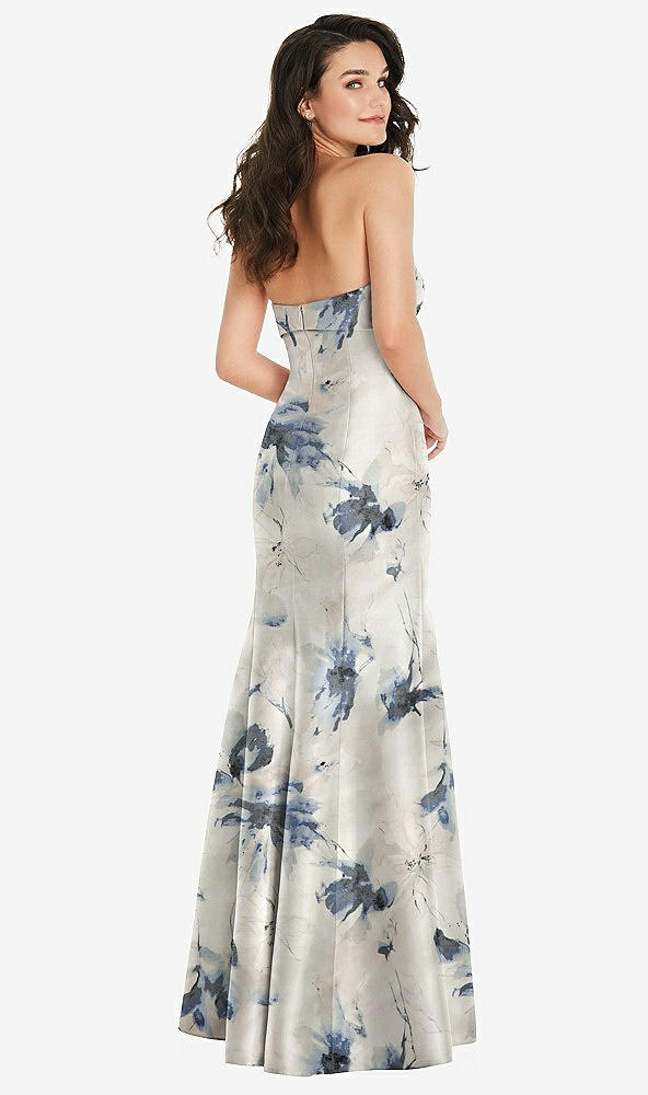 Back View - Inkwash Blue Floral Bow Cuff Strapless Floral Princess Waist Trumpet Gown