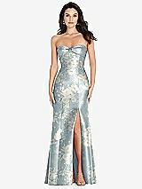 Front View Thumbnail - Porcelain Blue Seraphina Floral Bow Cuff Strapless Floral Princess Waist Trumpet Gown