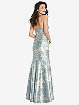 Rear View Thumbnail - Porcelain Blue Seraphina Floral Bow Cuff Strapless Floral Princess Waist Trumpet Gown