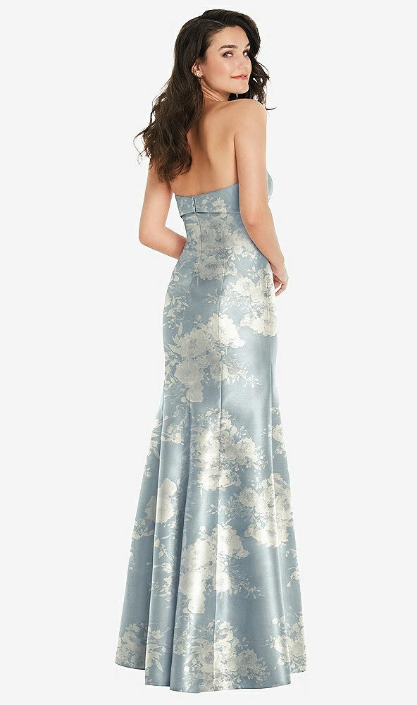 Back View - Porcelain Blue Seraphina Floral Bow Cuff Strapless Floral Princess Waist Trumpet Gown