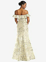 Rear View Thumbnail - Butter Yellow Floral Off-the-Shoulder Ruffle Neck Floral Satin Trumpet Gown
