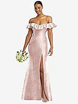 Alt View 1 Thumbnail - Bow And Blossom Print Off-the-Shoulder Ruffle Neck Floral Satin Trumpet Gown
