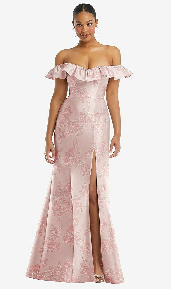 Front View - Bow And Blossom Print Off-the-Shoulder Ruffle Neck Floral Satin Trumpet Gown