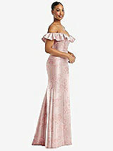 Side View Thumbnail - Bow And Blossom Print Off-the-Shoulder Ruffle Neck Floral Satin Trumpet Gown