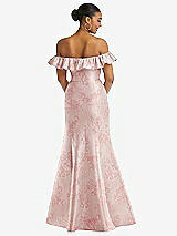 Rear View Thumbnail - Bow And Blossom Print Off-the-Shoulder Ruffle Neck Floral Satin Trumpet Gown