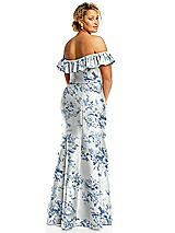 Alt View 5 Thumbnail - Cottage Rose Larkspur Off-the-Shoulder Ruffle Neck Floral Satin Trumpet Gown