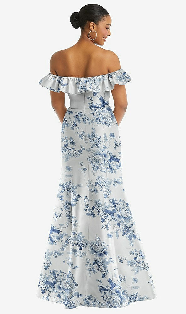Back View - Cottage Rose Larkspur Off-the-Shoulder Ruffle Neck Floral Satin Trumpet Gown
