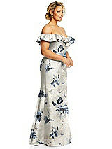 Alt View 4 Thumbnail - Inkwash Blue Floral Off-the-Shoulder Ruffle Neck Floral Satin Trumpet Gown