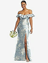 Alt View 1 Thumbnail - Porcelain Blue Seraphina Floral Off-the-Shoulder Ruffle Neck Floral Satin Trumpet Gown