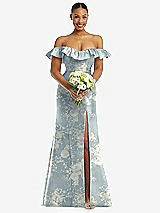 Alt View 2 Thumbnail - Porcelain Blue Seraphina Floral Off-the-Shoulder Ruffle Neck Floral Satin Trumpet Gown