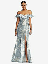 Front View Thumbnail - Porcelain Blue Seraphina Floral Off-the-Shoulder Ruffle Neck Floral Satin Trumpet Gown