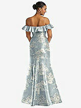 Rear View Thumbnail - Porcelain Blue Seraphina Floral Off-the-Shoulder Ruffle Neck Floral Satin Trumpet Gown