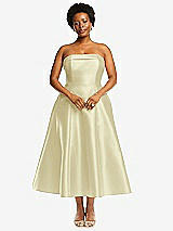 Alt View 4 Thumbnail - Butter Yellow Cuffed Strapless Satin Twill Midi Dress with Full Skirt and Pockets