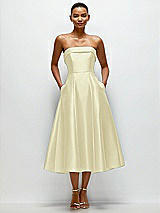 Front View Thumbnail - Butter Yellow Cuffed Strapless Satin Twill Midi Dress with Full Skirt and Pockets