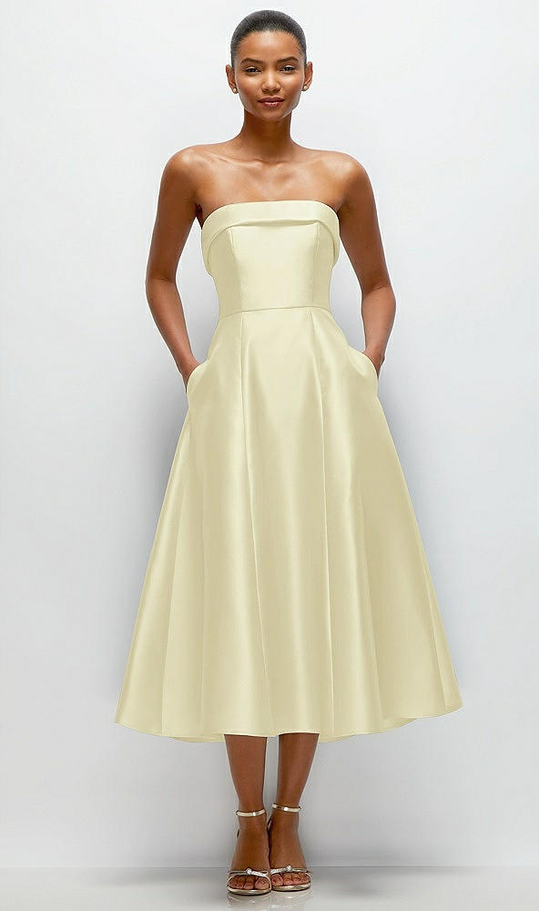 Front View - Butter Yellow Cuffed Strapless Satin Twill Midi Dress with Full Skirt and Pockets