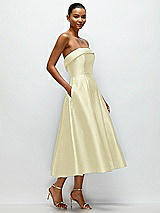 Rear View Thumbnail - Butter Yellow Cuffed Strapless Satin Twill Midi Dress with Full Skirt and Pockets