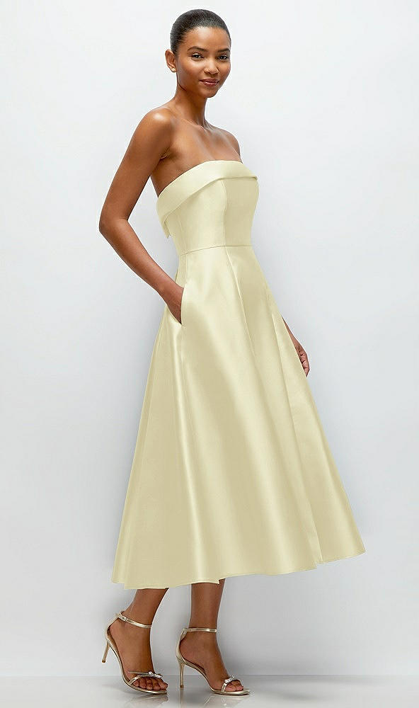 Back View - Butter Yellow Cuffed Strapless Satin Twill Midi Dress with Full Skirt and Pockets