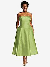 Alt View 1 Thumbnail - Mojito Cuffed Strapless Satin Twill Midi Dress with Full Skirt and Pockets