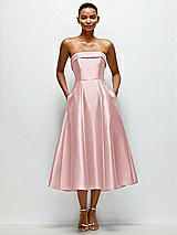 Front View Thumbnail - Ballet Pink Cuffed Strapless Satin Twill Midi Dress with Full Skirt and Pockets