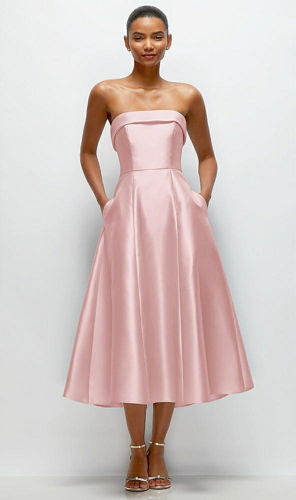 Front View - Ballet Pink Cuffed Strapless Satin Twill Midi Dress with Full Skirt and Pockets
