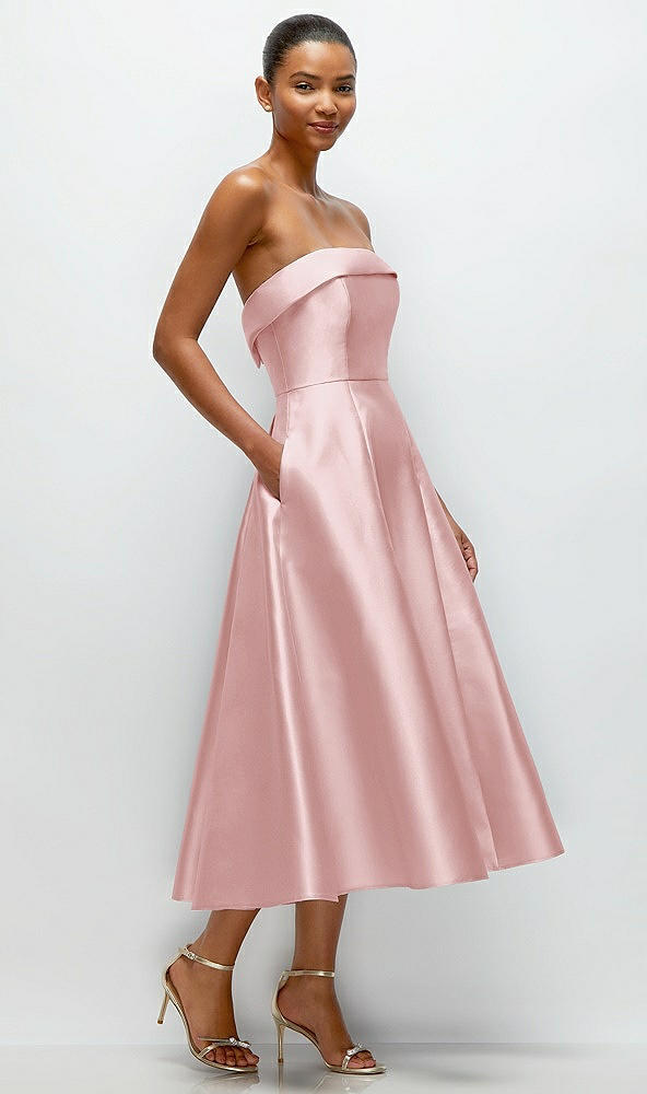 Back View - Ballet Pink Cuffed Strapless Satin Twill Midi Dress with Full Skirt and Pockets