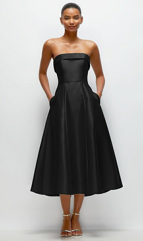 Front View - Black Cuffed Strapless Satin Twill Midi Dress with Full Skirt and Pockets