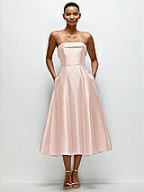 Front View Thumbnail - Blush Cuffed Strapless Satin Twill Midi Dress with Full Skirt and Pockets