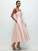 Rear View Thumbnail - Blush Cuffed Strapless Satin Twill Midi Dress with Full Skirt and Pockets