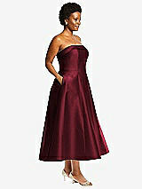 Alt View 3 Thumbnail - Cabernet Cuffed Strapless Satin Twill Midi Dress with Full Skirt and Pockets