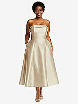 Alt View 1 Thumbnail - Champagne Cuffed Strapless Satin Twill Midi Dress with Full Skirt and Pockets