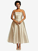 Alt View 4 Thumbnail - Champagne Cuffed Strapless Satin Twill Midi Dress with Full Skirt and Pockets