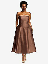 Alt View 1 Thumbnail - Cognac Cuffed Strapless Satin Twill Midi Dress with Full Skirt and Pockets