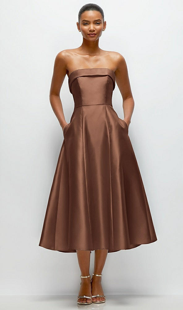 Front View - Cognac Cuffed Strapless Satin Twill Midi Dress with Full Skirt and Pockets