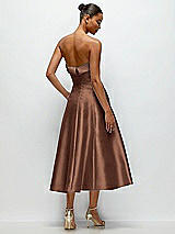 Side View Thumbnail - Cognac Cuffed Strapless Satin Twill Midi Dress with Full Skirt and Pockets