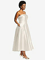 Alt View 3 Thumbnail - Ivory Cuffed Strapless Satin Twill Midi Dress with Full Skirt and Pockets