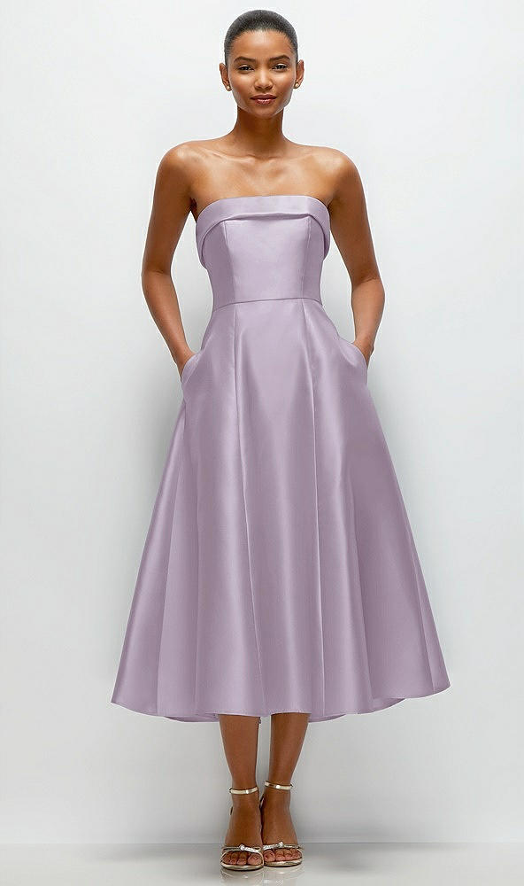 Front View - Lilac Haze Cuffed Strapless Satin Twill Midi Dress with Full Skirt and Pockets