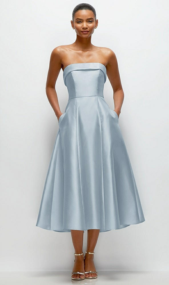 Front View - Mist Cuffed Strapless Satin Twill Midi Dress with Full Skirt and Pockets