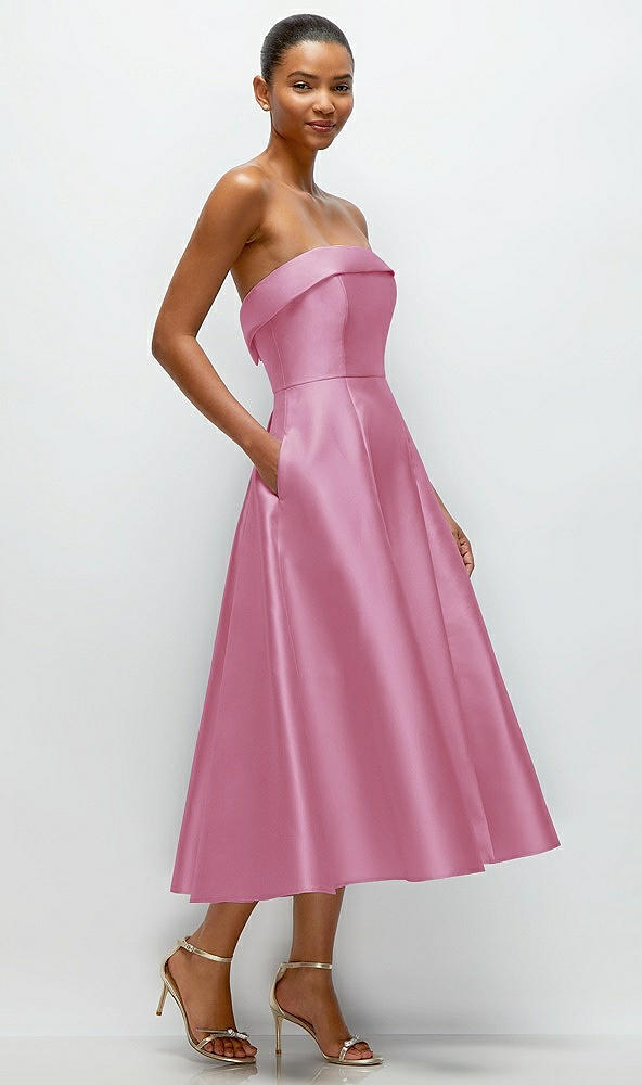 Back View - Powder Pink Cuffed Strapless Satin Twill Midi Dress with Full Skirt and Pockets