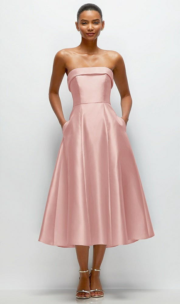 Front View - Rose Cuffed Strapless Satin Twill Midi Dress with Full Skirt and Pockets
