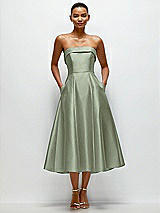 Front View Thumbnail - Sage Cuffed Strapless Satin Twill Midi Dress with Full Skirt and Pockets