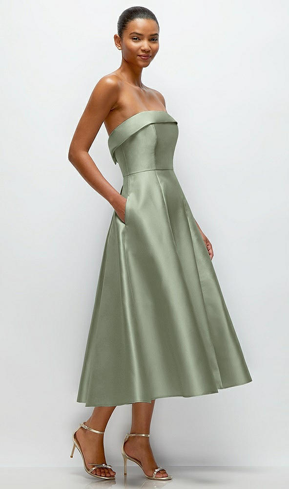 Back View - Sage Cuffed Strapless Satin Twill Midi Dress with Full Skirt and Pockets