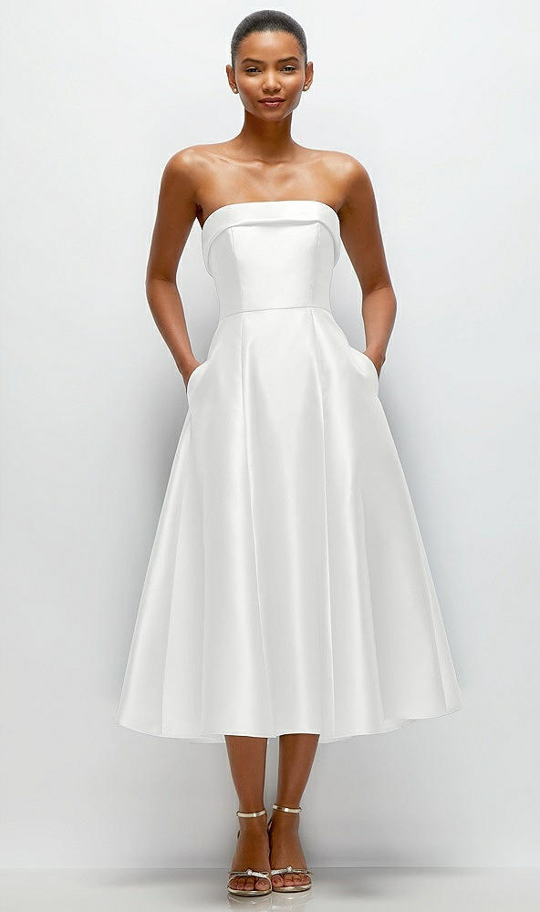 Front View - White Cuffed Strapless Satin Twill Midi Dress with Full Skirt and Pockets
