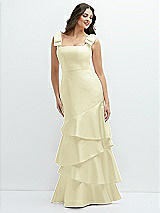 Side View Thumbnail - Butter Yellow Bow-Shoulder Satin Maxi Dress with Asymmetrical Tiered Skirt