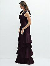 Front View Thumbnail - Deep Plum Bow-Shoulder Satin Maxi Dress with Asymmetrical Tiered Skirt