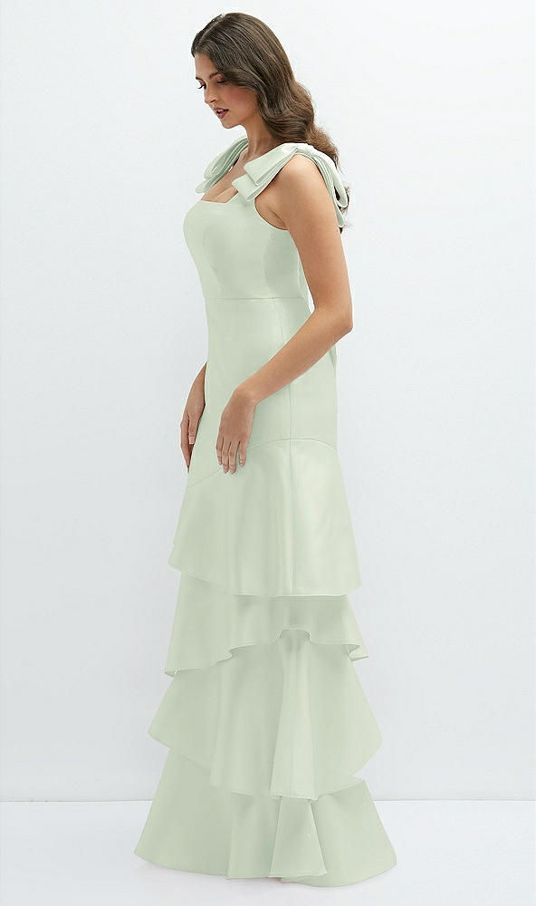 Front View - Mint Green Bow-Shoulder Satin Maxi Dress with Asymmetrical Tiered Skirt