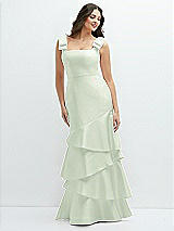 Side View Thumbnail - Mint Green Bow-Shoulder Satin Maxi Dress with Asymmetrical Tiered Skirt